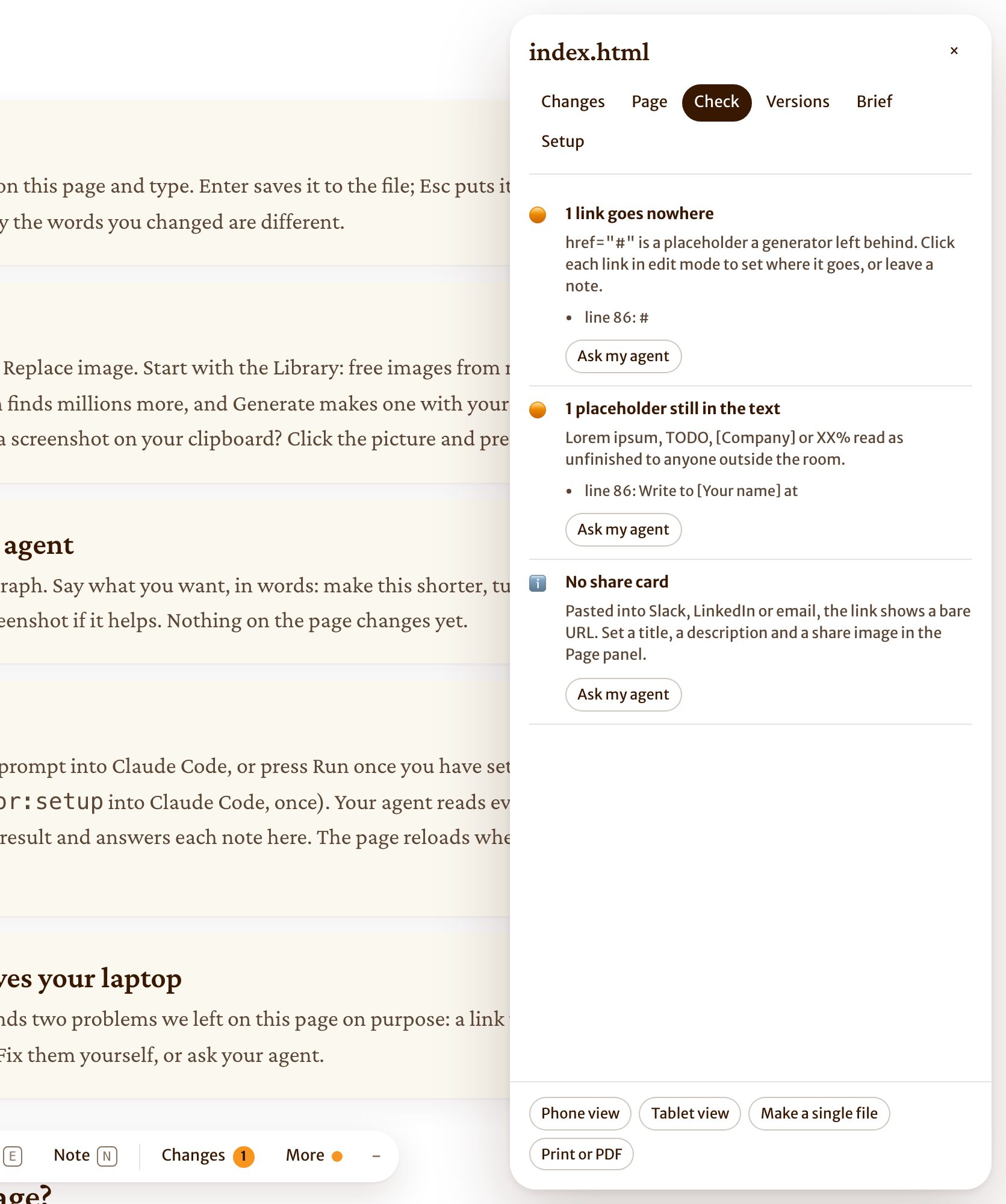 The Check panel listing a link that goes nowhere, a placeholder left in the text, and a missing share card.