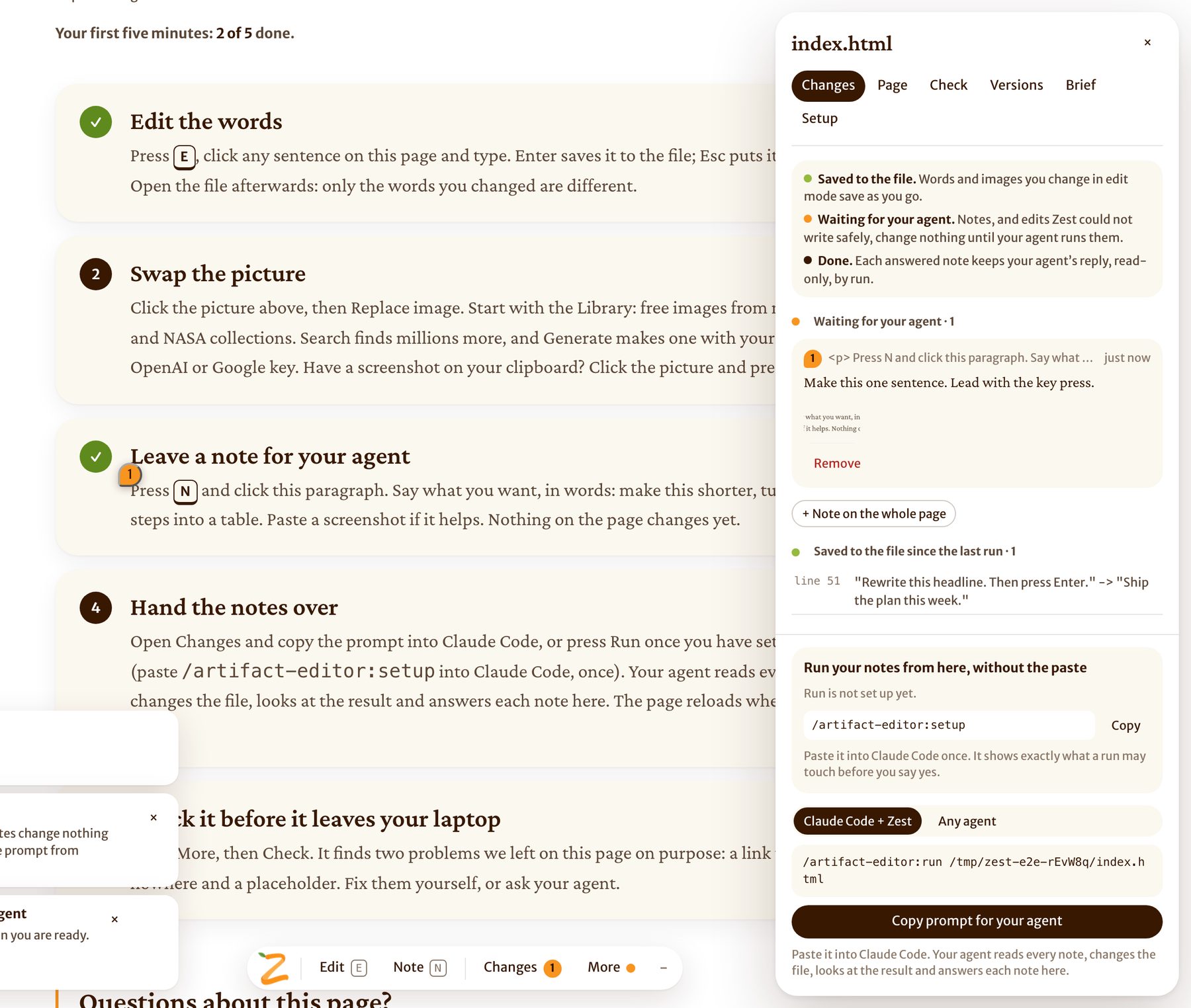 The editor open on a page: the Changes panel lists a note waiting for the agent and a hand edit already saved to the file, with the prompt to copy at the bottom.
