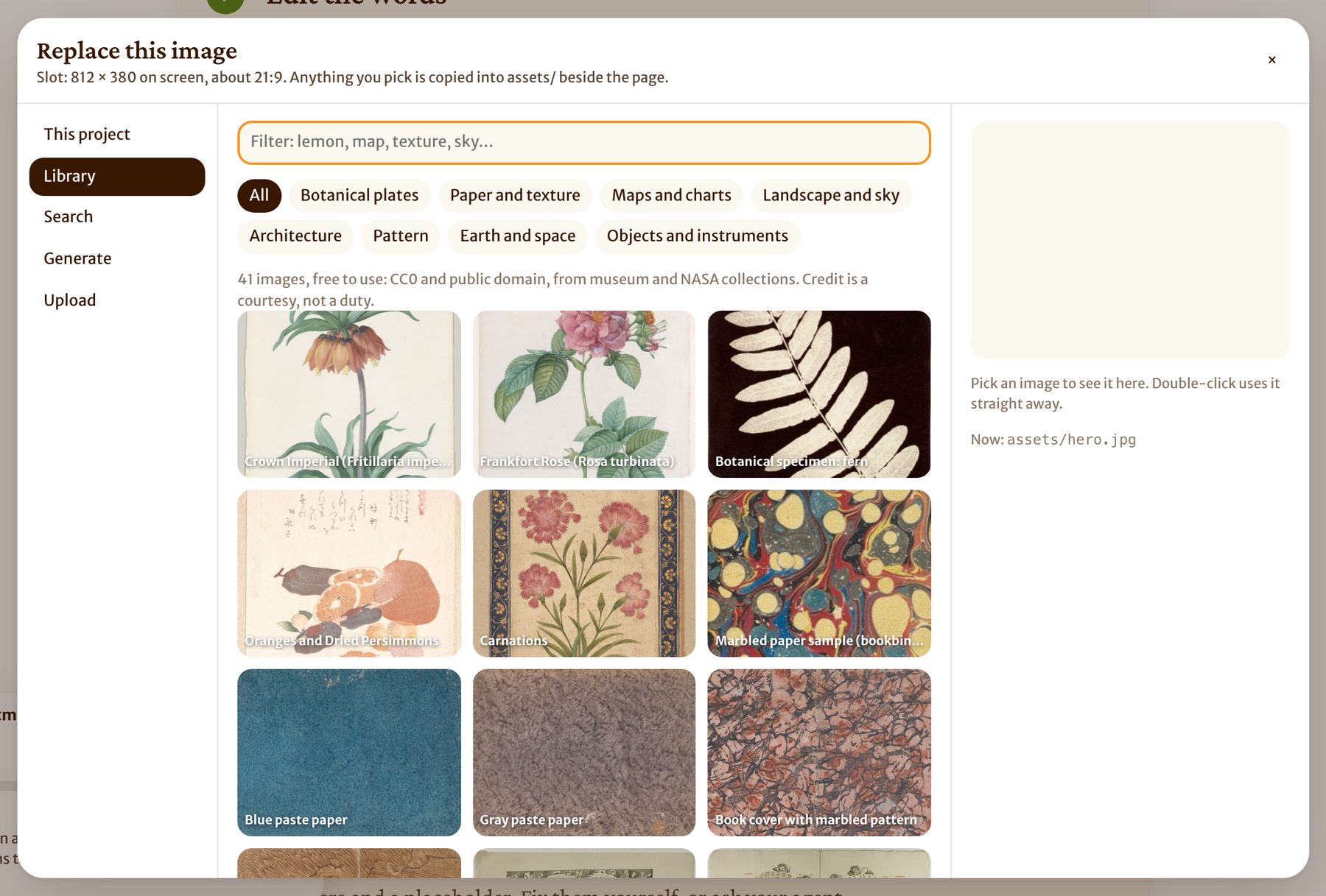 The image picker on the Library shelf: botanical plates, papers and textures.
