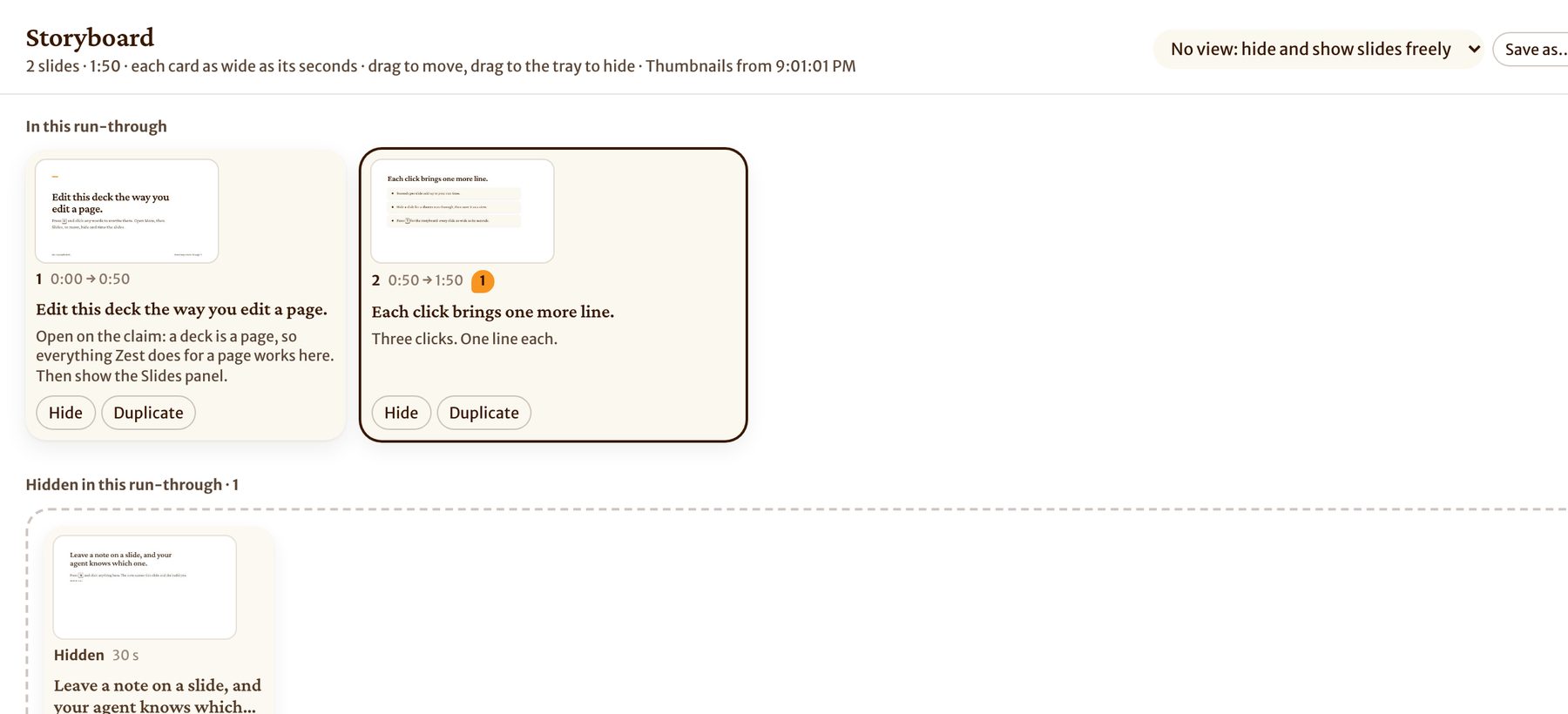 A deck's storyboard: slides as cards with timings, and a tray of hidden slides.